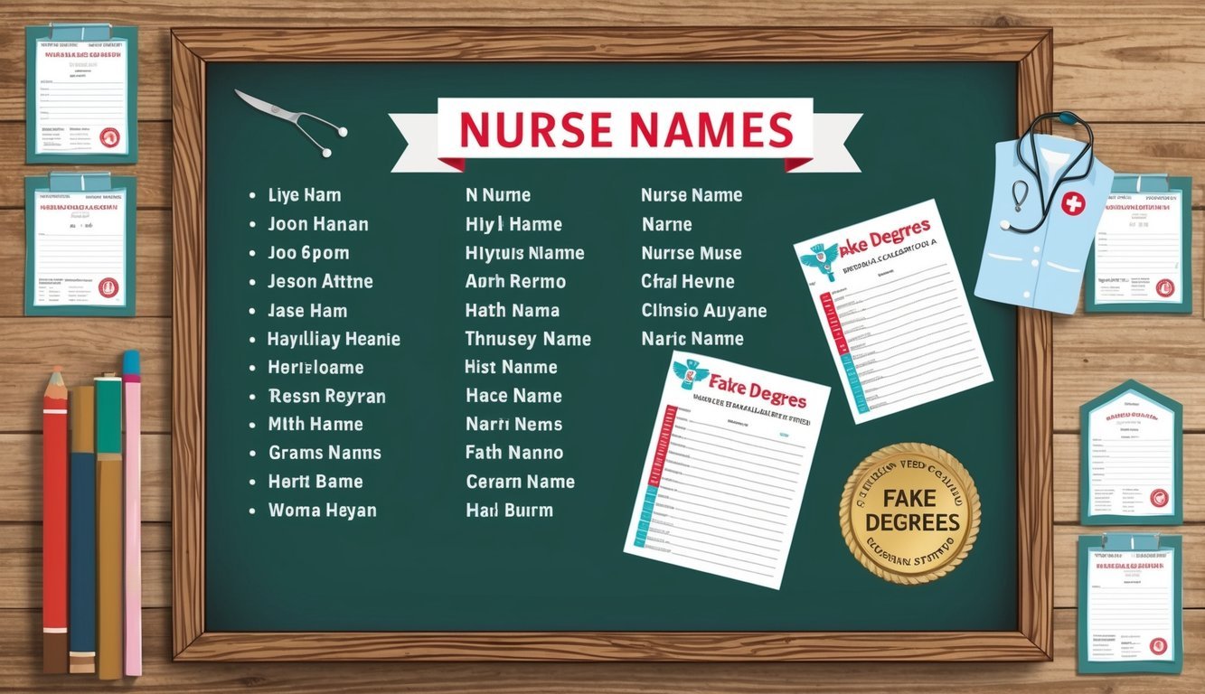 A bulletin board with a list of nurse names and fake degrees