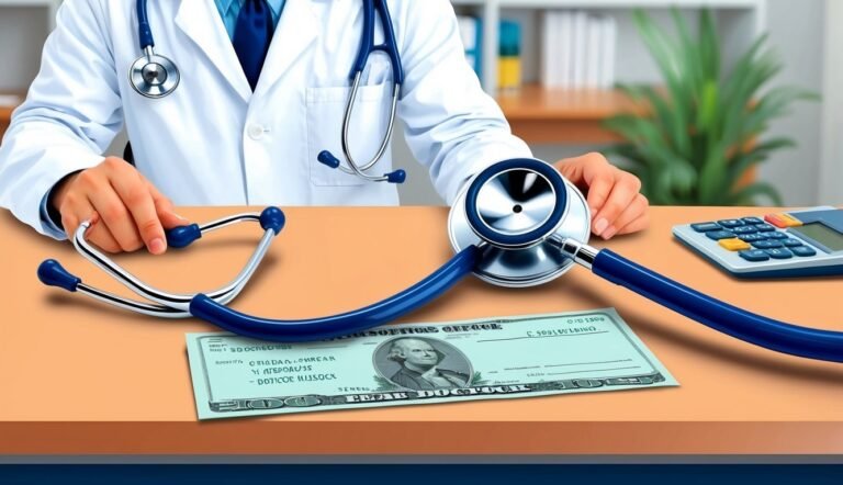 Doctor with stethoscope and check on desk, healthcare costs concept