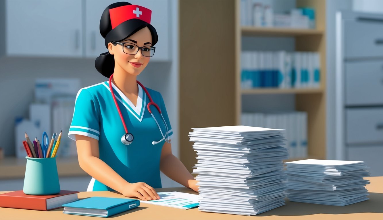 A nurse overlooking a stack of unanswered FAQs while tending to other tasks