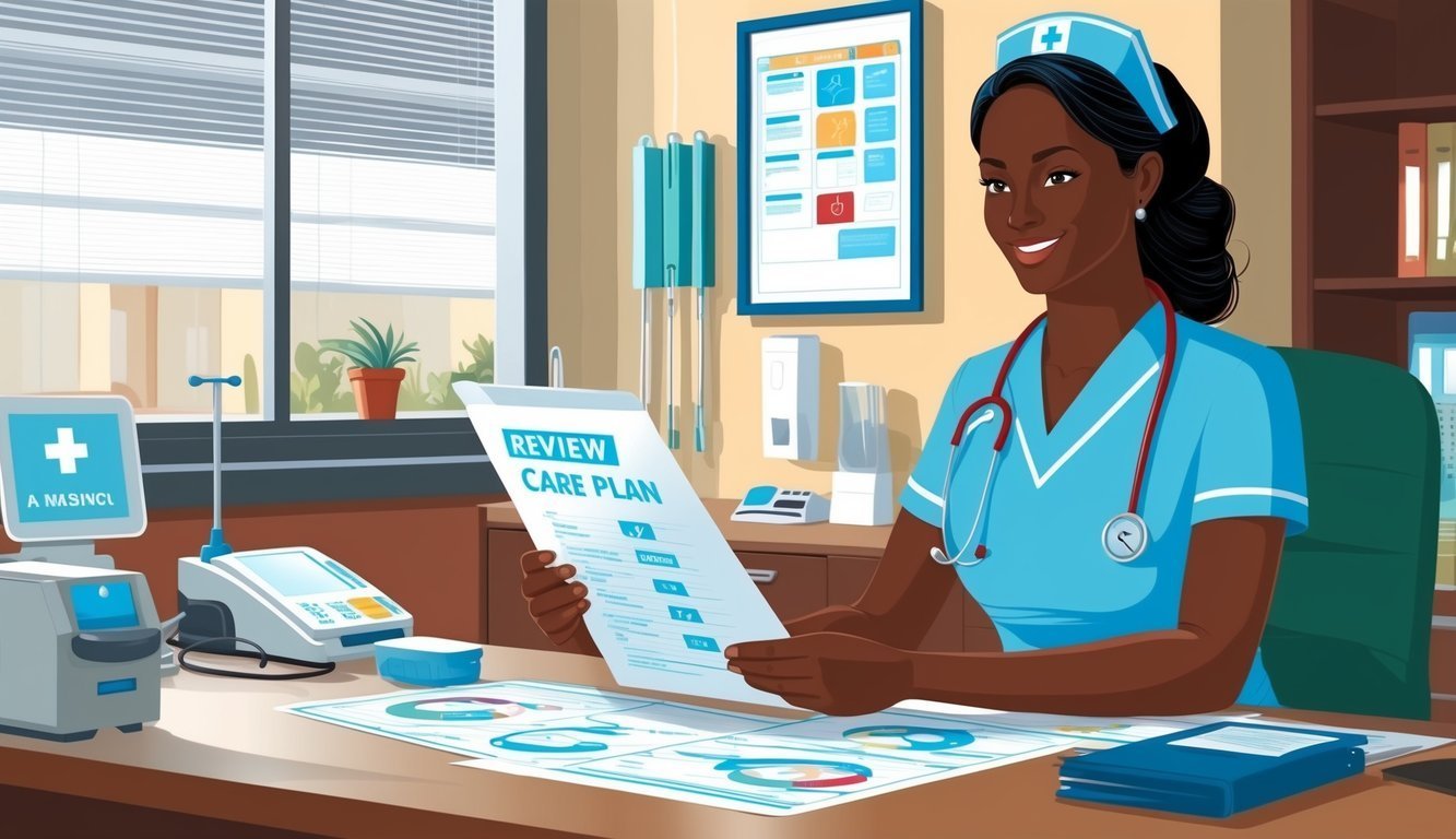 Smiling nurse reviewing a care plan in a medical office setting