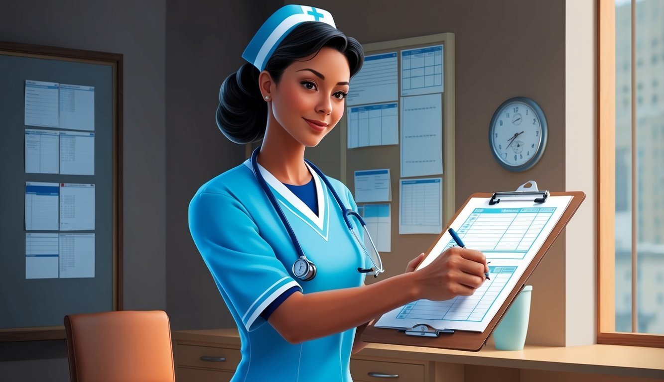 A nurse reviewing medical charts and writing on a clipboard