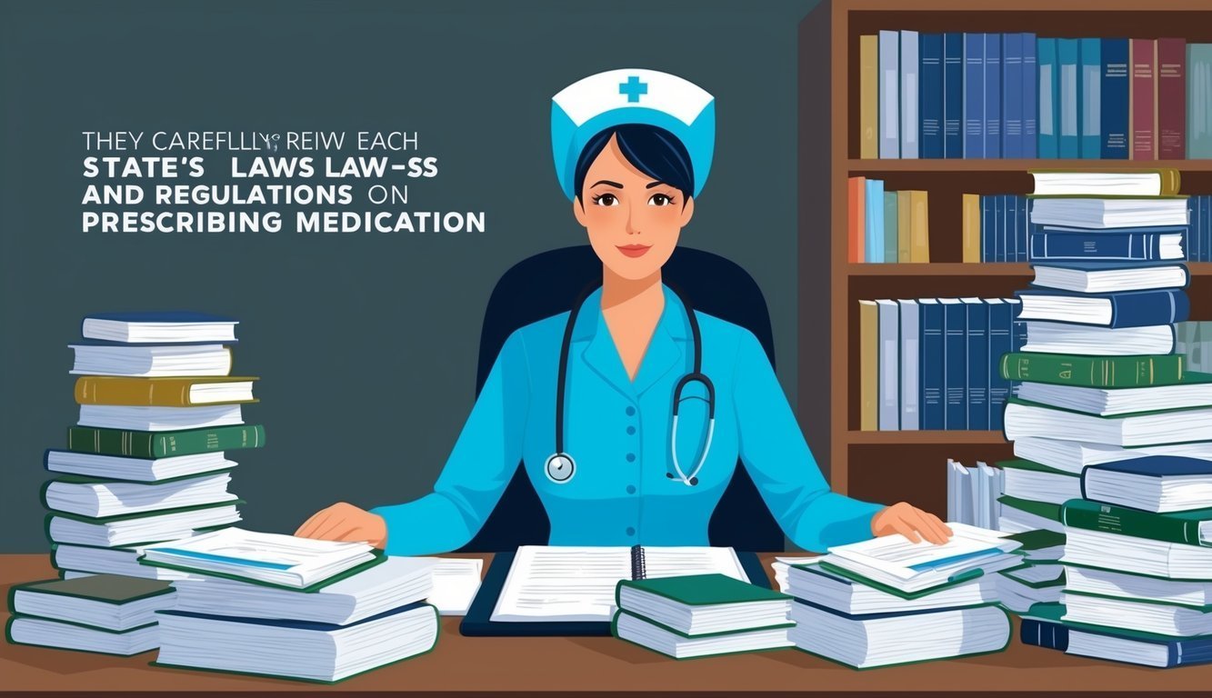 Nurse surrounded by books, reviewing laws and regulations on medication