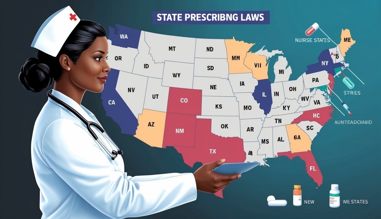 A nurse practitioner reviewing a map of the United States with state prescribing laws highlighted