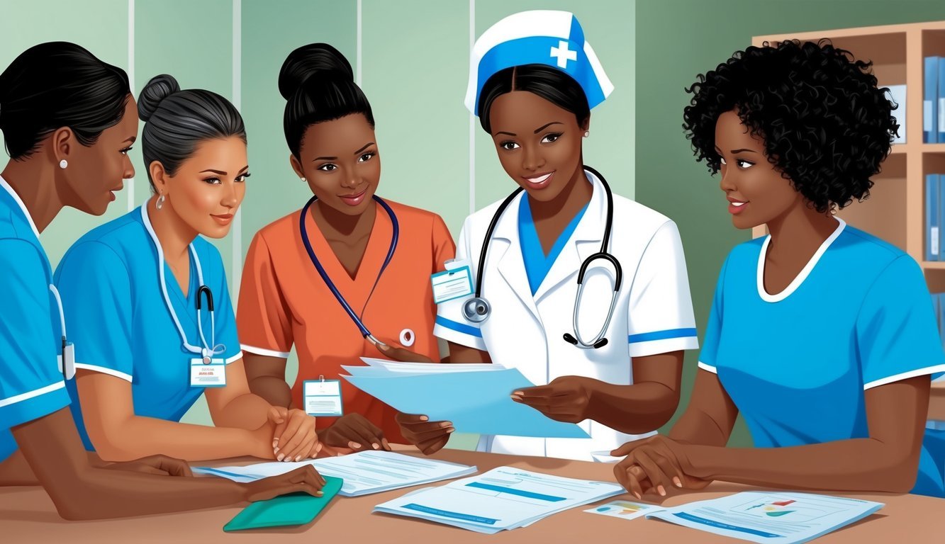 A nurse reviewing a patient's medical records and discussing care plans with colleagues
