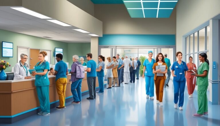 Hospital reception area with nurses, patients, and a long waiting line