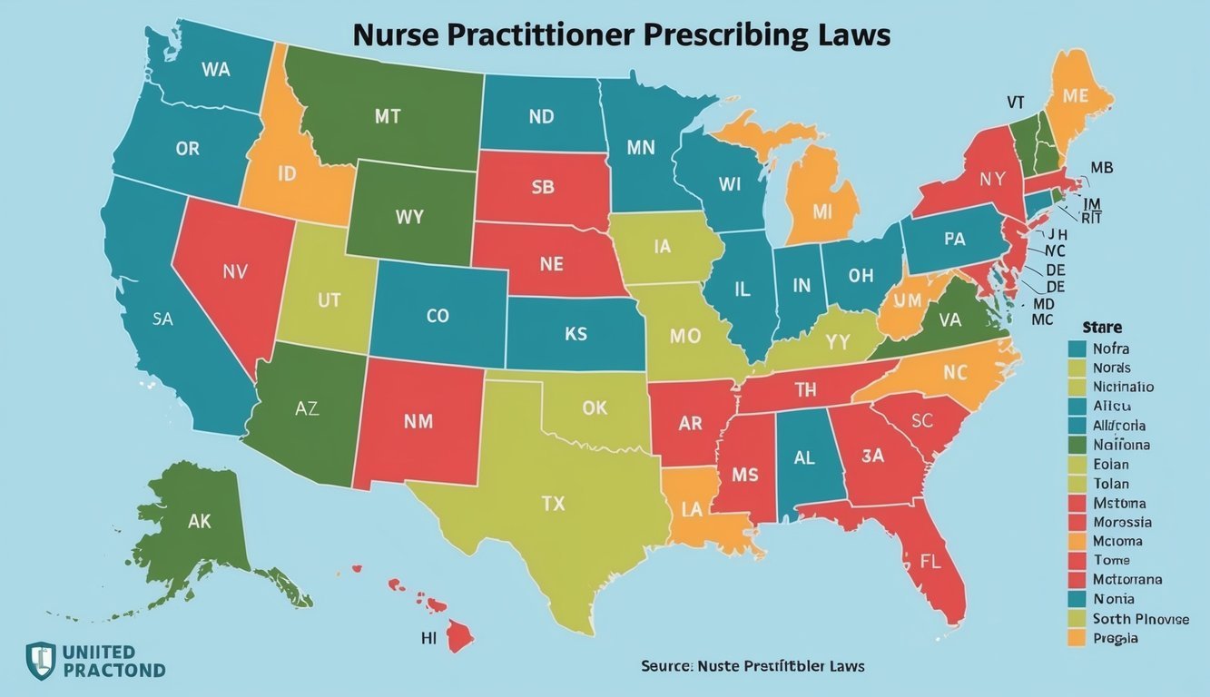 A map of the United States with each state highlighted in a different color, indicating the varying nurse practitioner prescribing laws across the country