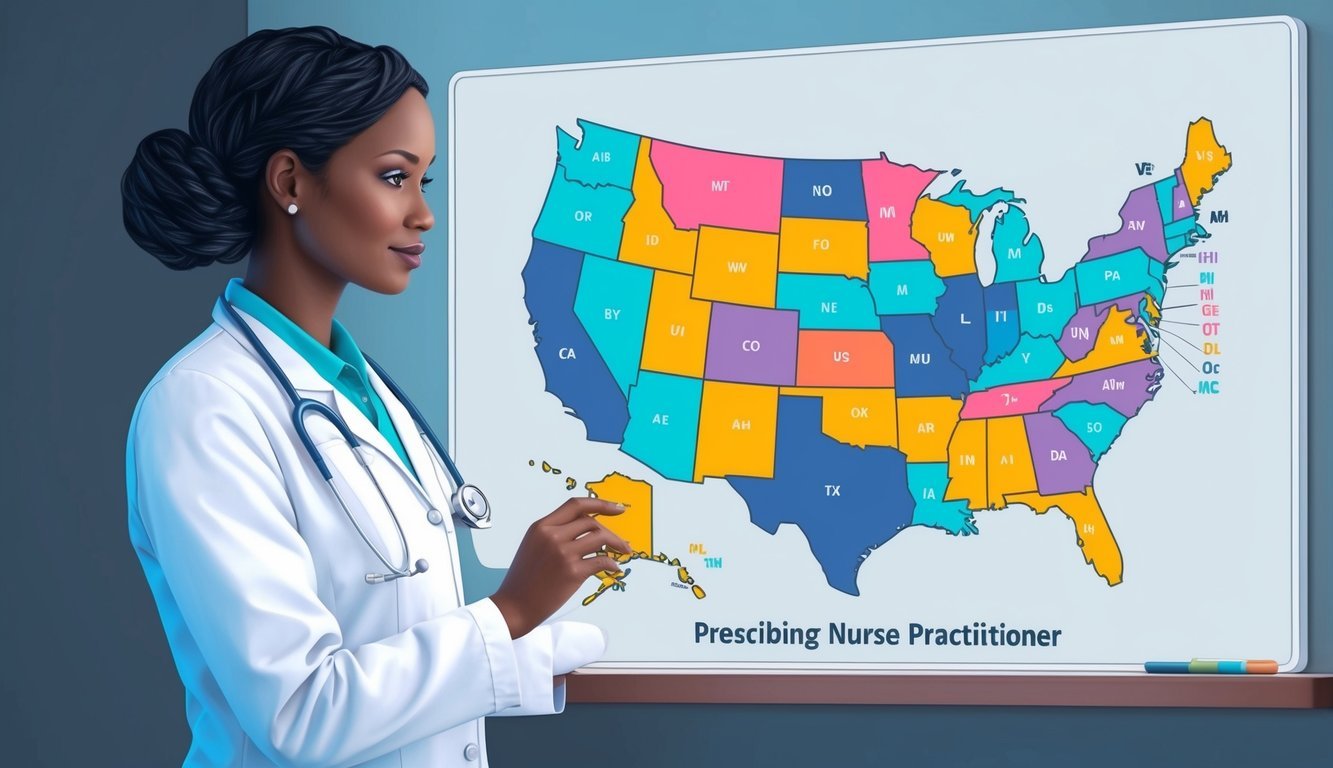 A nurse practitioner consults a map of the United States, with each state color-coded to represent its specific prescribing laws