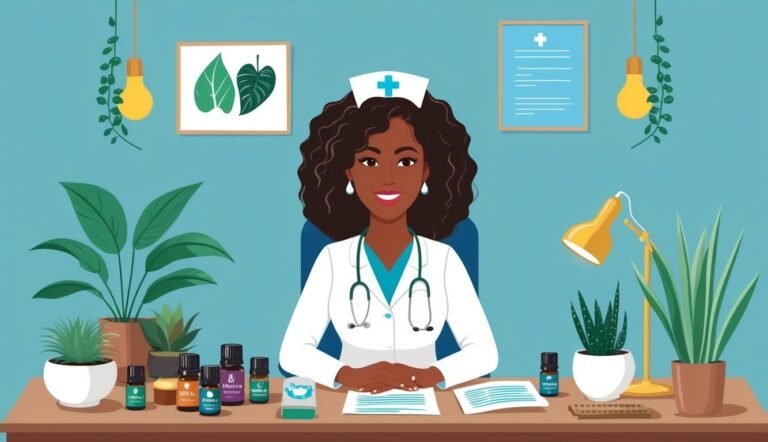 Smiling Black nurse in office with plants and essential oils
