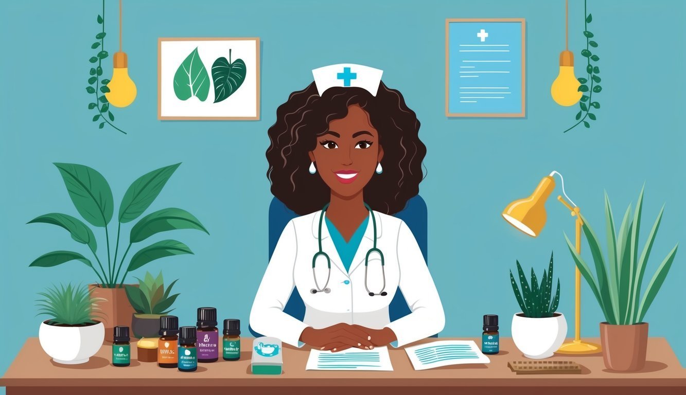 Smiling Black nurse in office with plants and essential oils