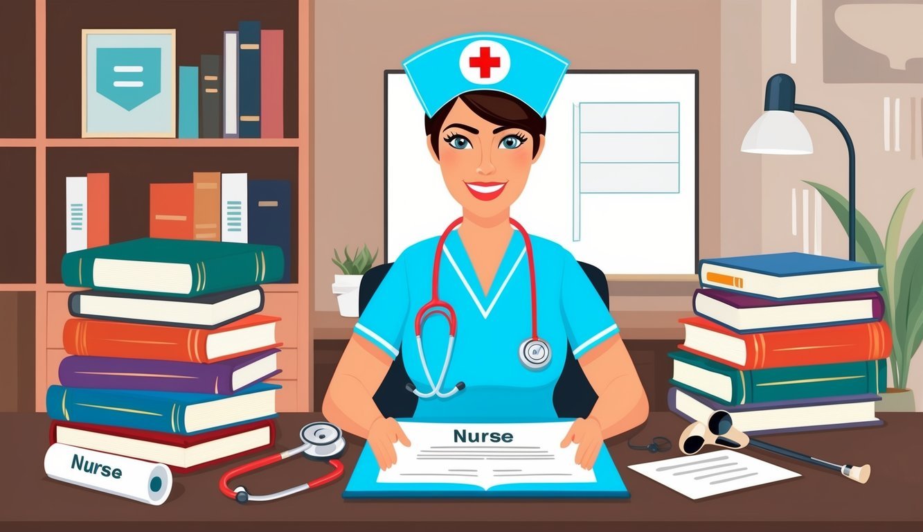A nurse surrounded by books, a diploma, and a stethoscope on a desk