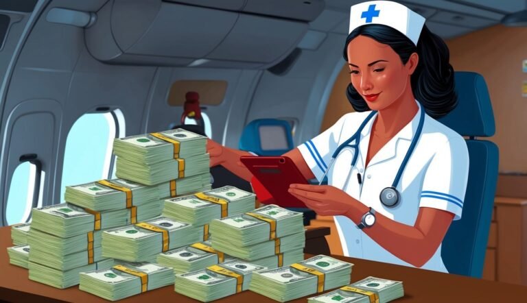 Nurse with stacks of money on a table inside an airplane