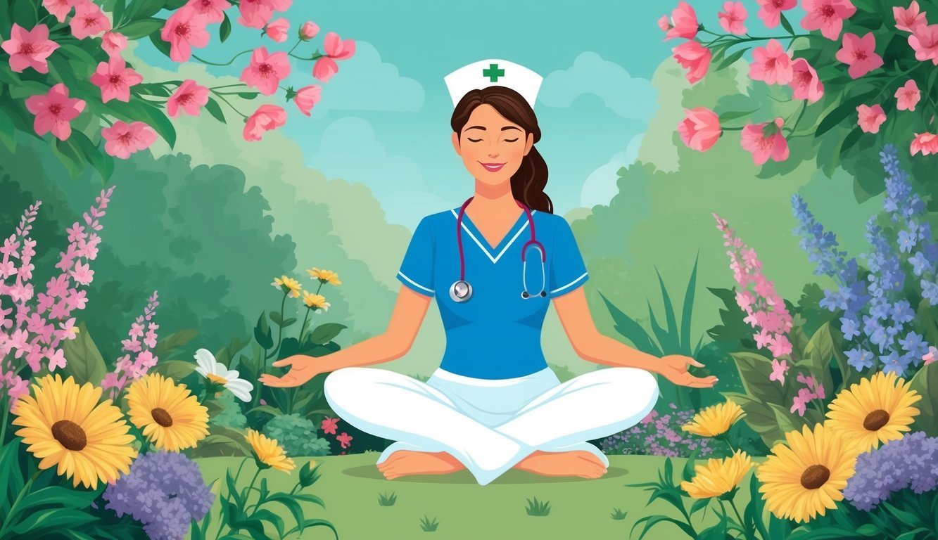 A holistic nurse sitting in a peaceful garden, surrounded by blooming flowers and calming natural elements
