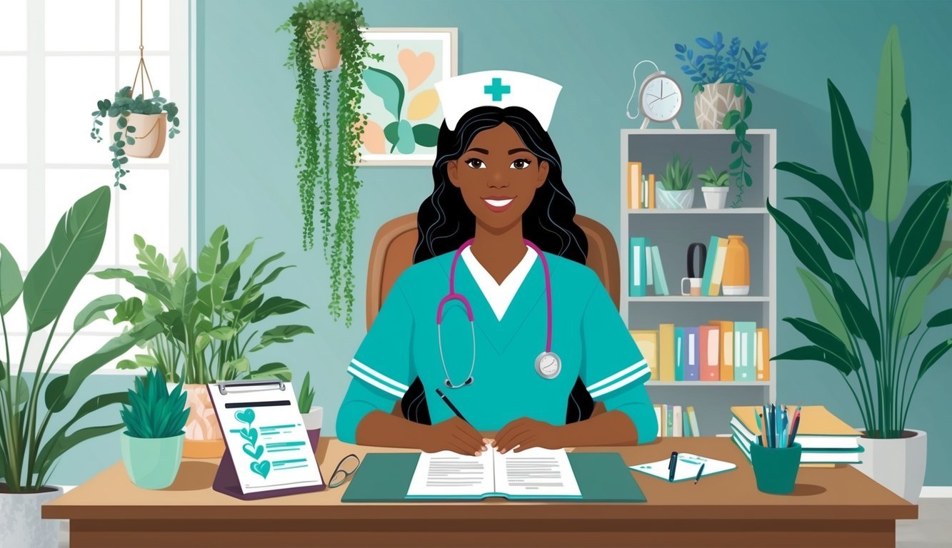 A holistic nurse in a serene office, surrounded by healing plants and calming decor, researching professional development opportunities