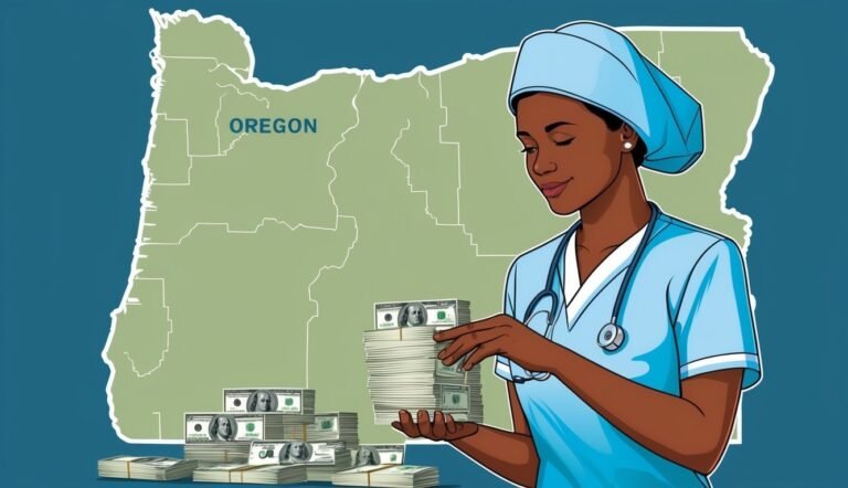 Nurse holding money in front of Oregon map, healthcare compensation concept
