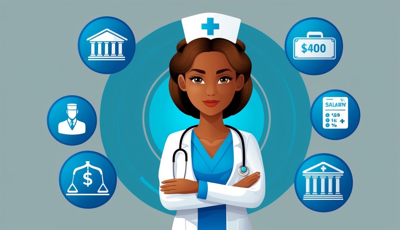 A holistic nurse surrounded by salary-related symbols and icons