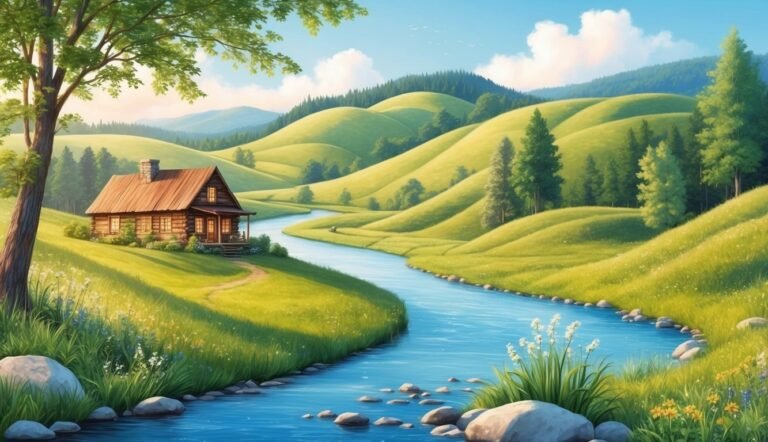 Wooden cabin beside a river flowing through rolling green hills