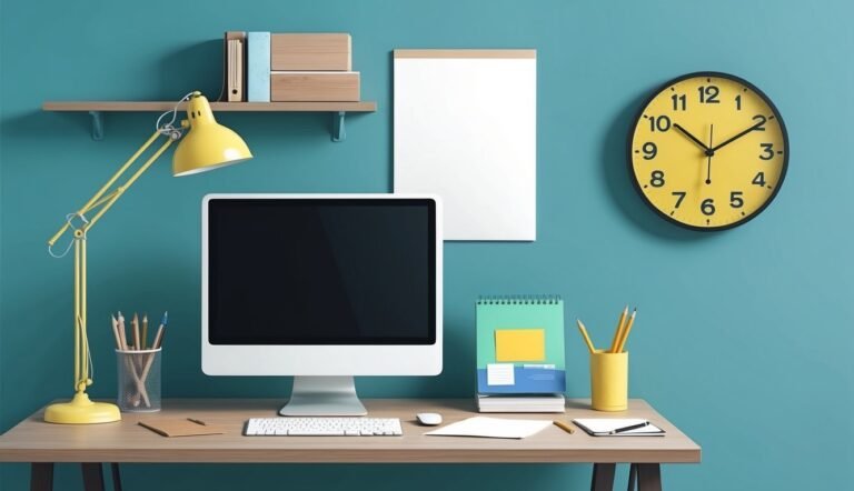 Desk with computer, yellow lamp, clock, and office supplies against blue wall