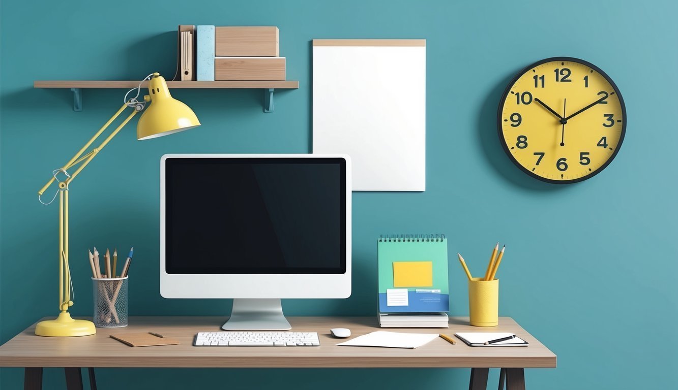 Desk with computer, yellow lamp, clock, and office supplies against blue wall