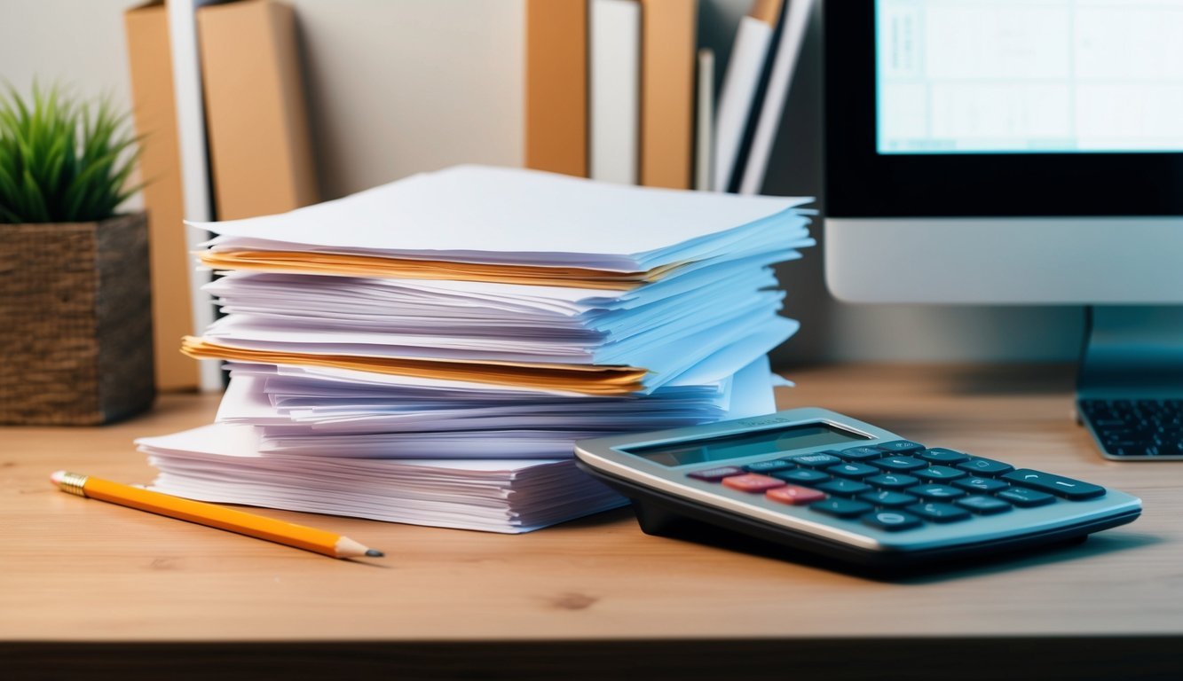A desk with a stack of papers, a pencil, and a calculator