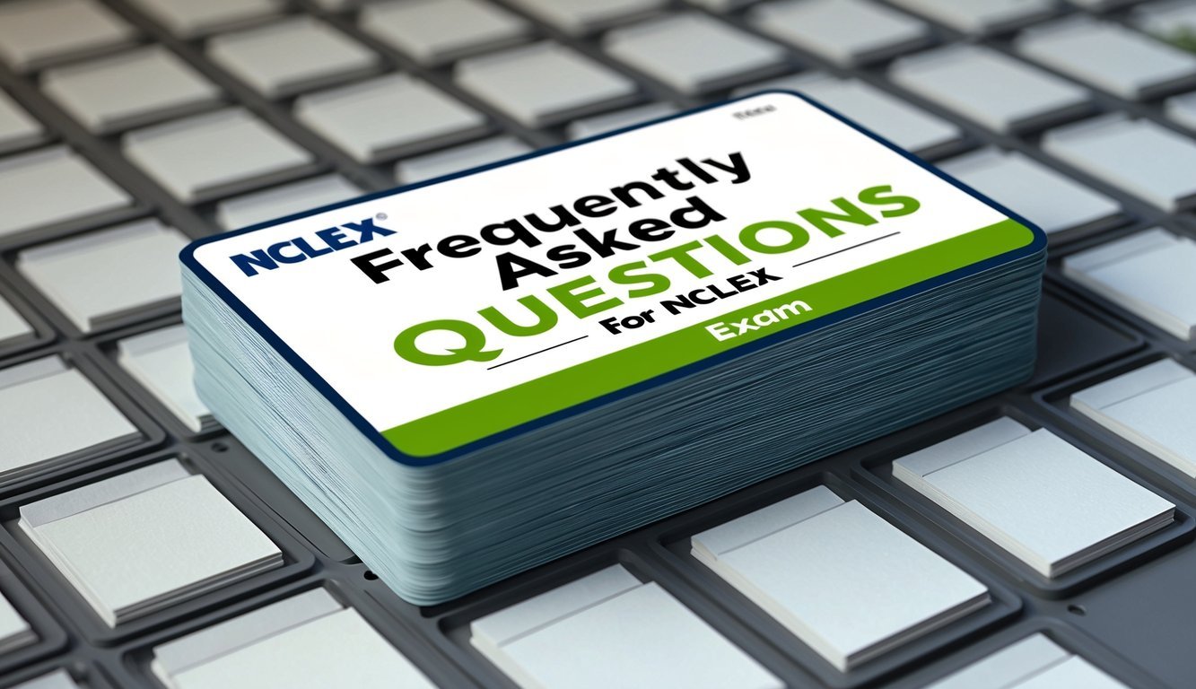 A stack of multiple choice question cards labeled "Frequently Asked Questions" for the NCLEX exam