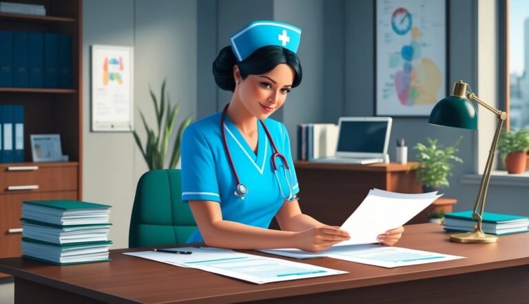 A nurse in blue uniform reviews paperwork at her desk