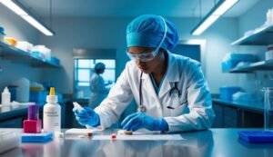 Scientist in lab coat and gloves examining samples on a table