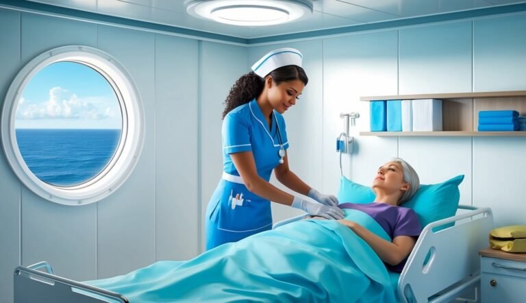 Nurse tending to a patient in a hospital room with a porthole view