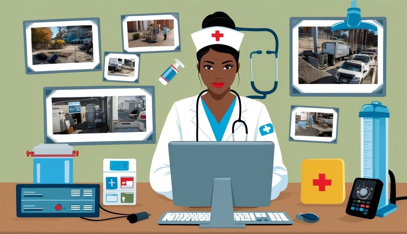 A forensic nurse reviewing job listings on a computer, surrounded by medical equipment and crime scene photos