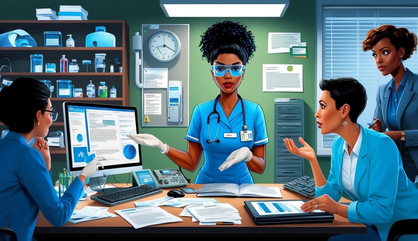 A forensic nurse surrounded by medical equipment, documents, and a computer, fielding questions from colleagues and patients