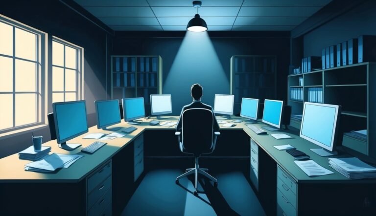 Man in dark room surrounded by computers, lit by overhead lamp