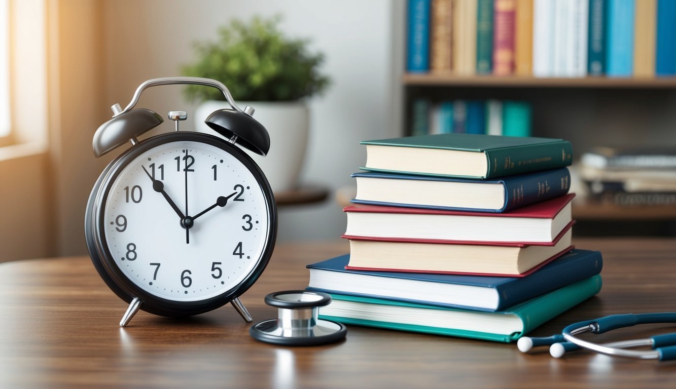 Alarm clock, books, and stethoscope on a desk, medical study concept