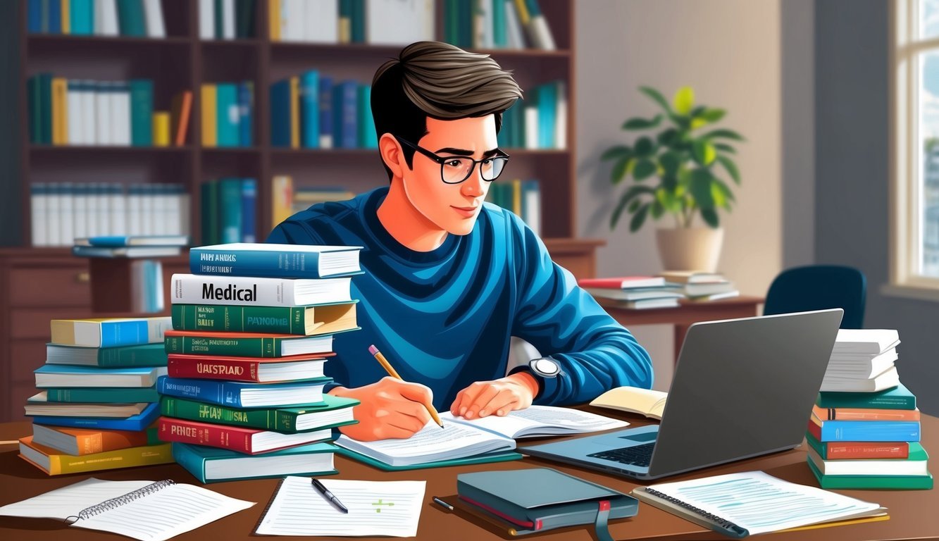 A student studying at a desk with a stack of textbooks and medical reference materials, surrounded by notes and a laptop