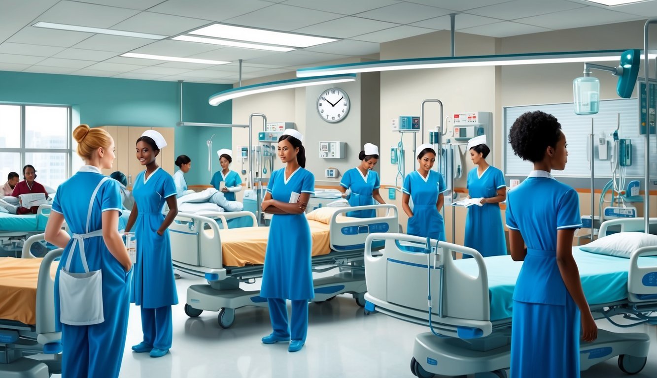 A busy hospital ward with nurses and patients, medical equipment, and a clock indicating the passage of time