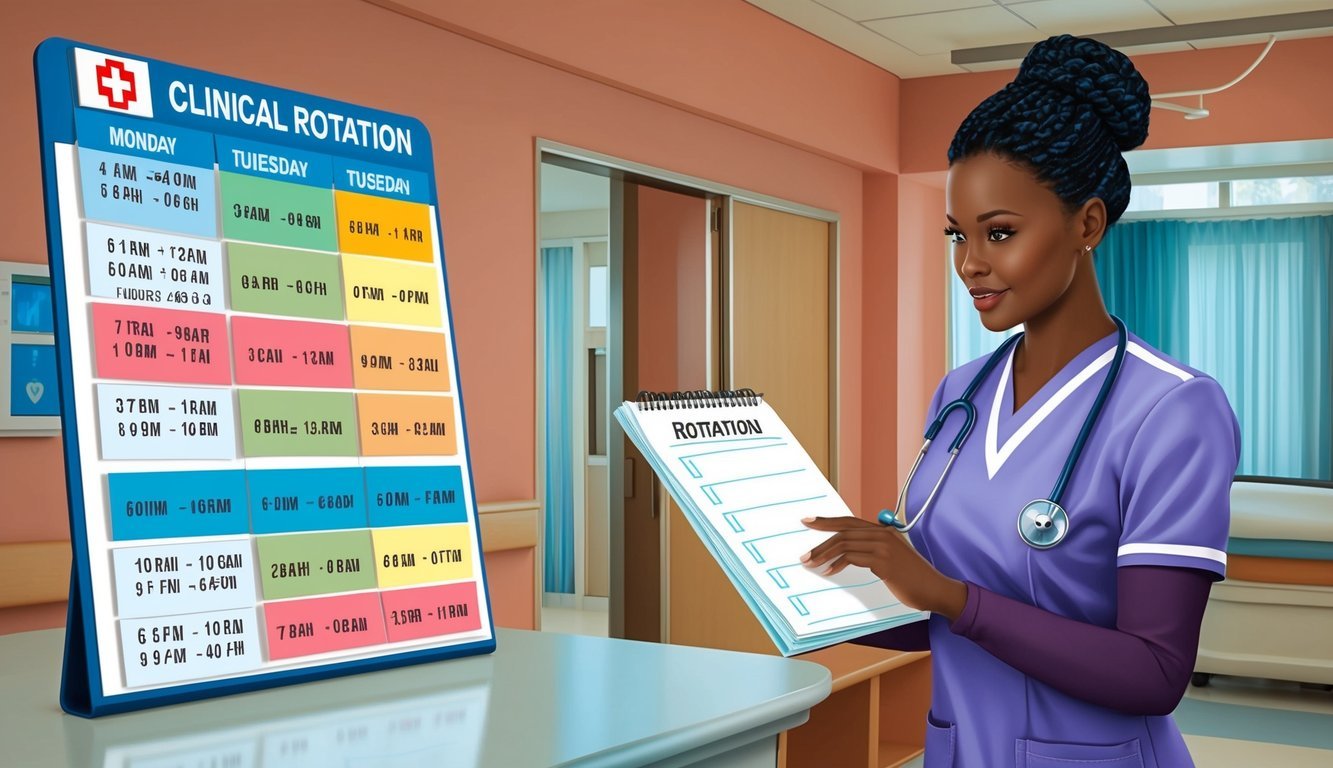 A nurse reviewing a schedule with various clinical rotation hours logged in a hospital setting