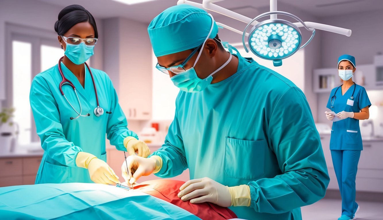 Surgeons performing surgery in an operating room with medical staff