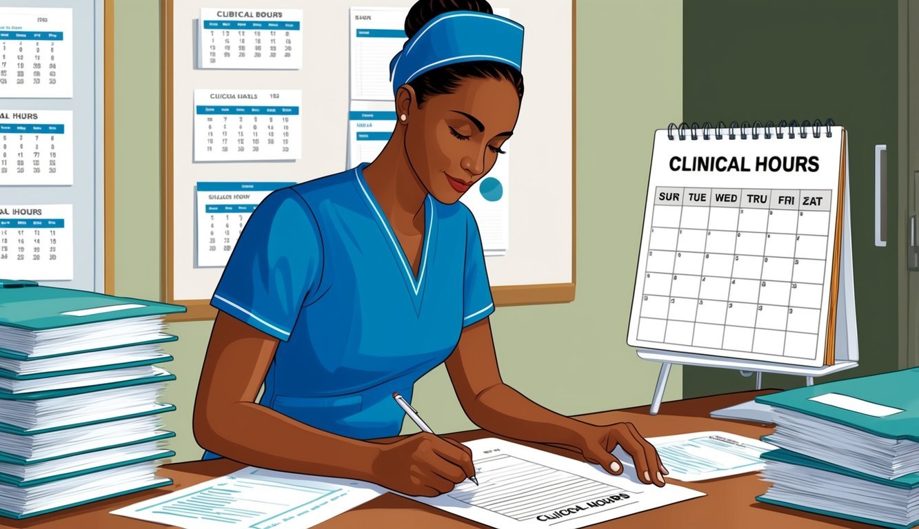 A nurse in scrubs completing paperwork at a desk, surrounded by medical charts and a calendar with "clinical hours" marked
