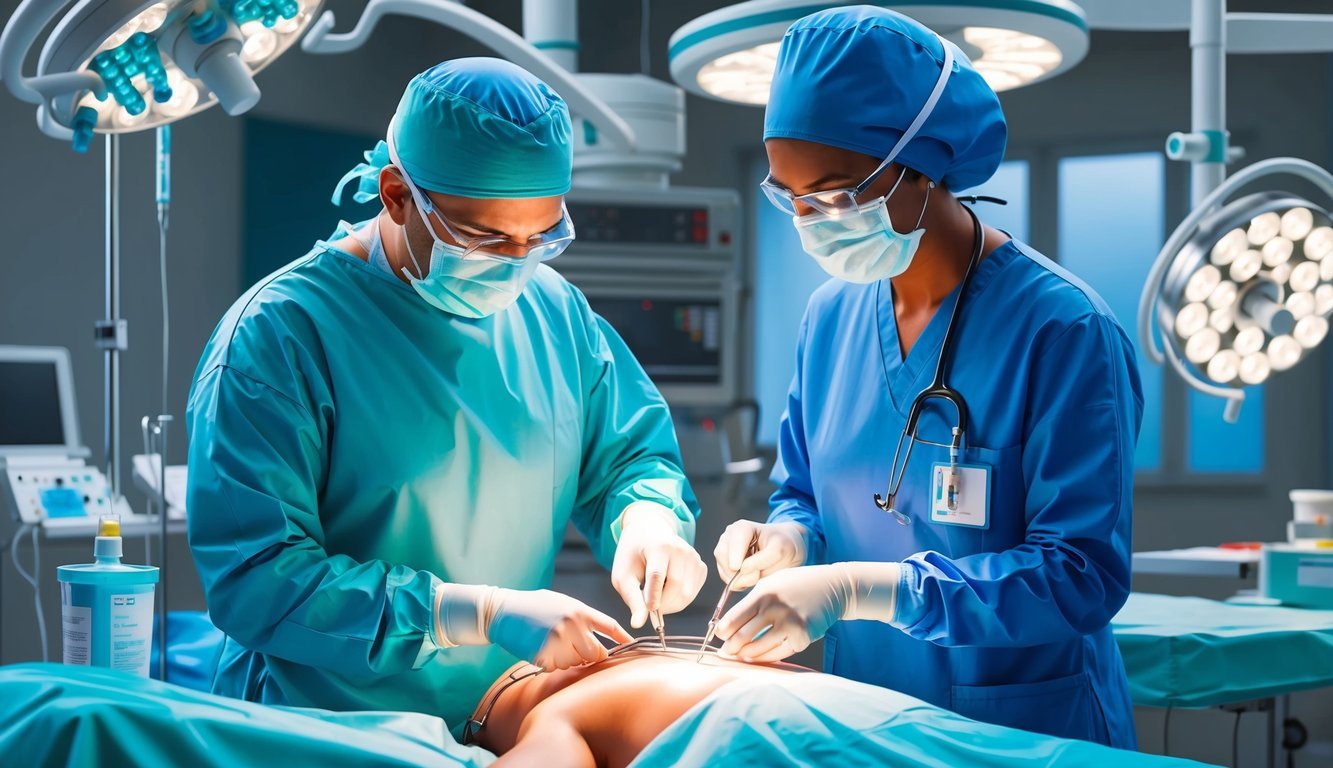 A doctor performing a complex surgical procedure while a nurse practitioner assists with patient care and medication administration