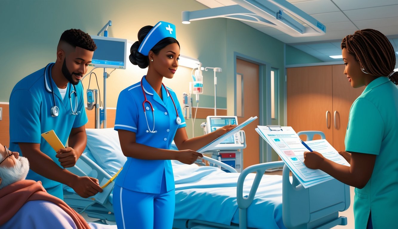 A nurse in uniform completing clinical hours in a hospital setting, interacting with patients and documenting their care