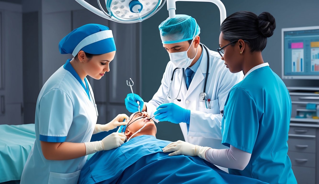 A doctor performing a complex medical procedure while a nurse practitioner observes, unable to perform the same task independently