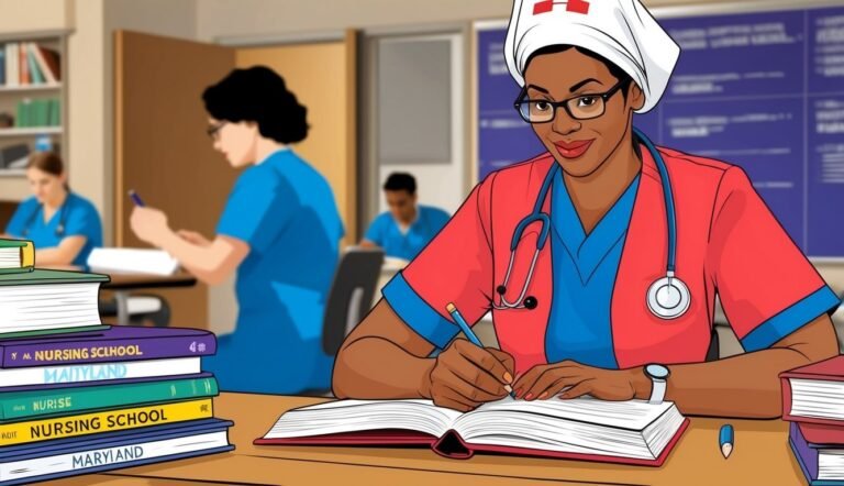 Nurse in uniform writing in a book, surrounded by nursing school books