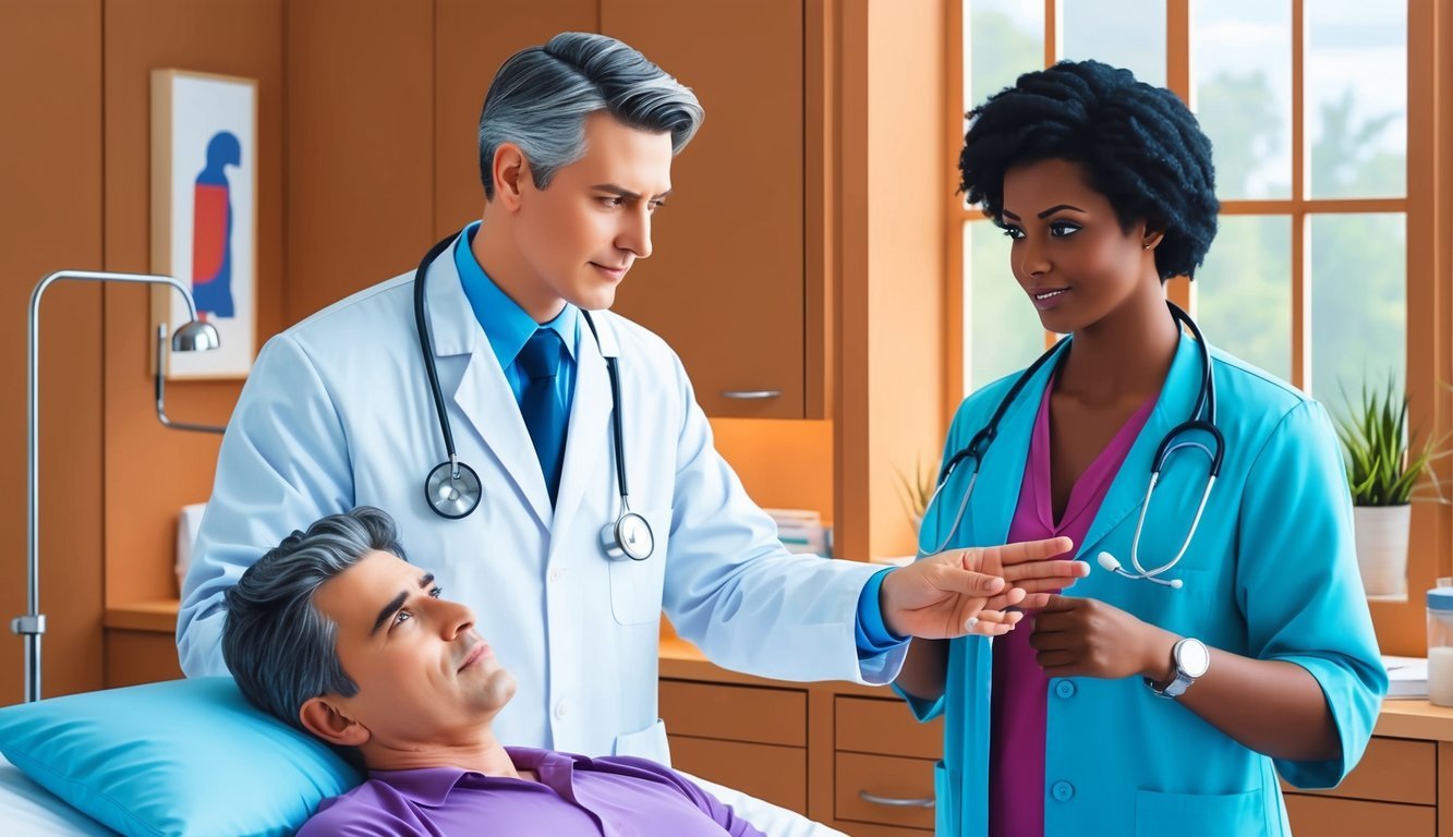 A doctor examining a patient and discussing treatment options with them