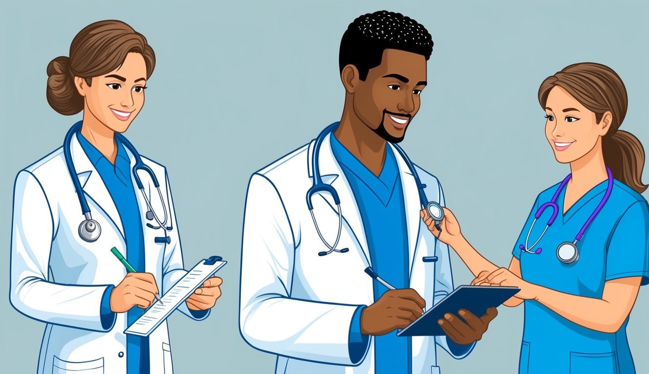 A doctor holding a stethoscope and wearing a white coat while a nurse practitioner is shown with a stethoscope and wearing scrubs.</p><p>The doctor is writing a prescription while the nurse practitioner is providing patient education