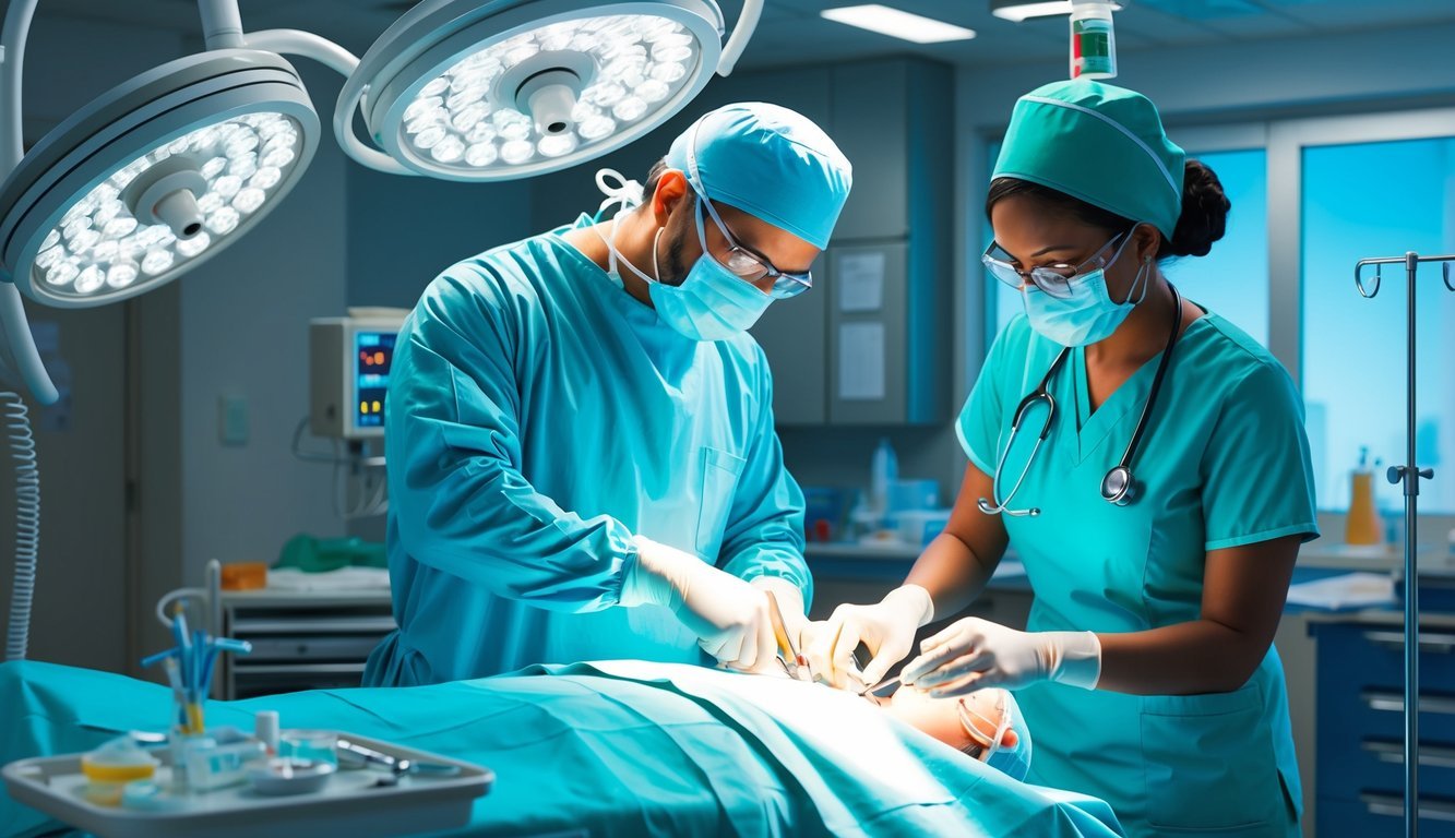 A doctor performing surgery in an operating room while a nurse practitioner assists with pre- and post-operative care