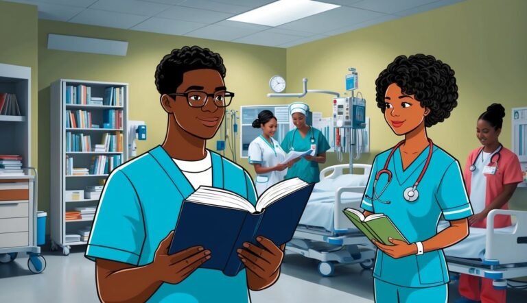 Two nurses reading books in a hospital room, other nurses in background