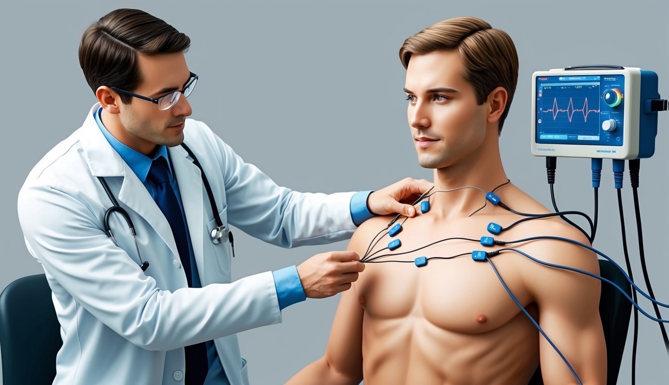Doctor attaching electrodes to a patient's chest for an electrocardiogram test