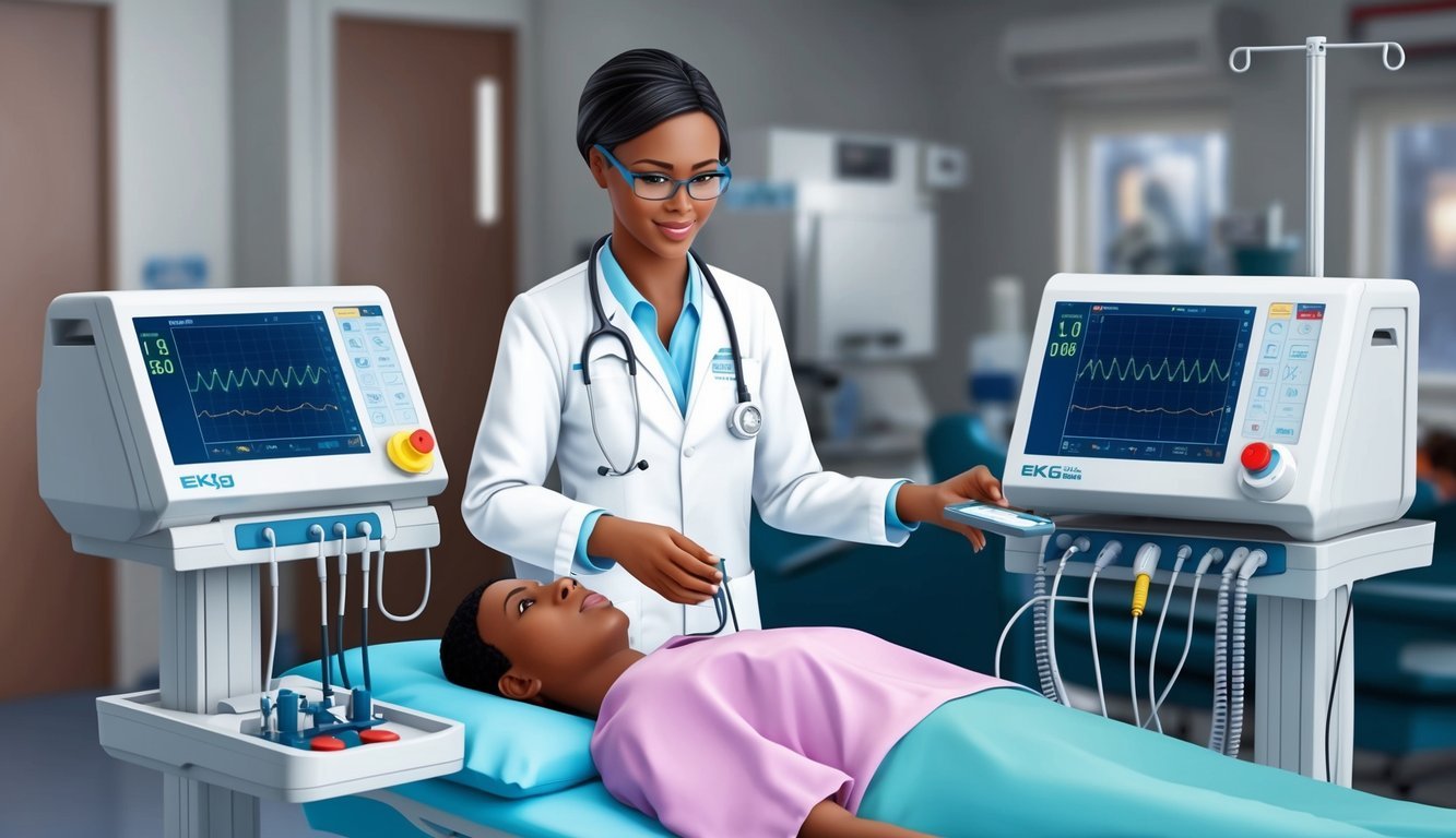 An EKG technician prepares and operates EKG machines in a medical setting, recording and analyzing patients' heart activity
