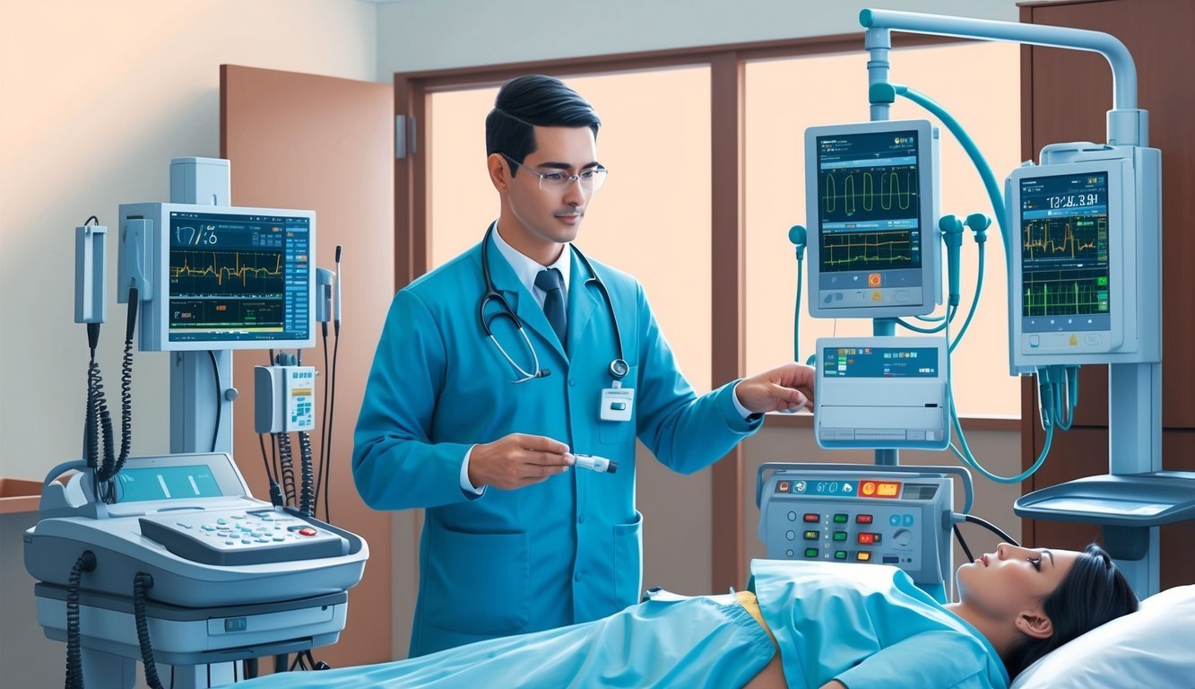 An EKG technician prepares and operates medical equipment, monitors patients' heart activity, and records data in a clinical setting