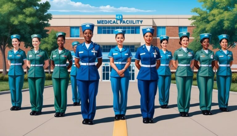Group of nurses in uniform standing in front of a medical facility