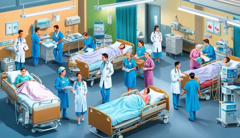 Hospital room with patients in beds, doctors and nurses attending to them