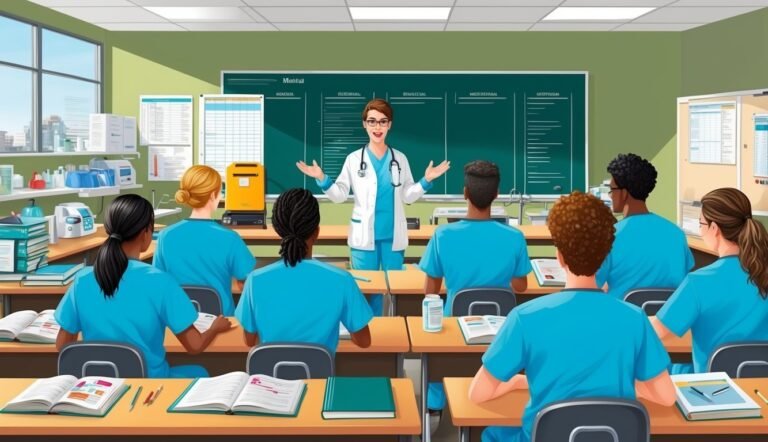 Medical instructor teaching students in a classroom, with books and equipment